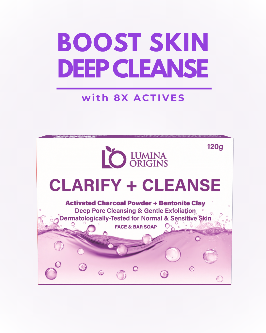 Lumina Origins Clarify + Cleanse Exfoliating Bar Soap with Activated Charcoal – Face & Body 120g