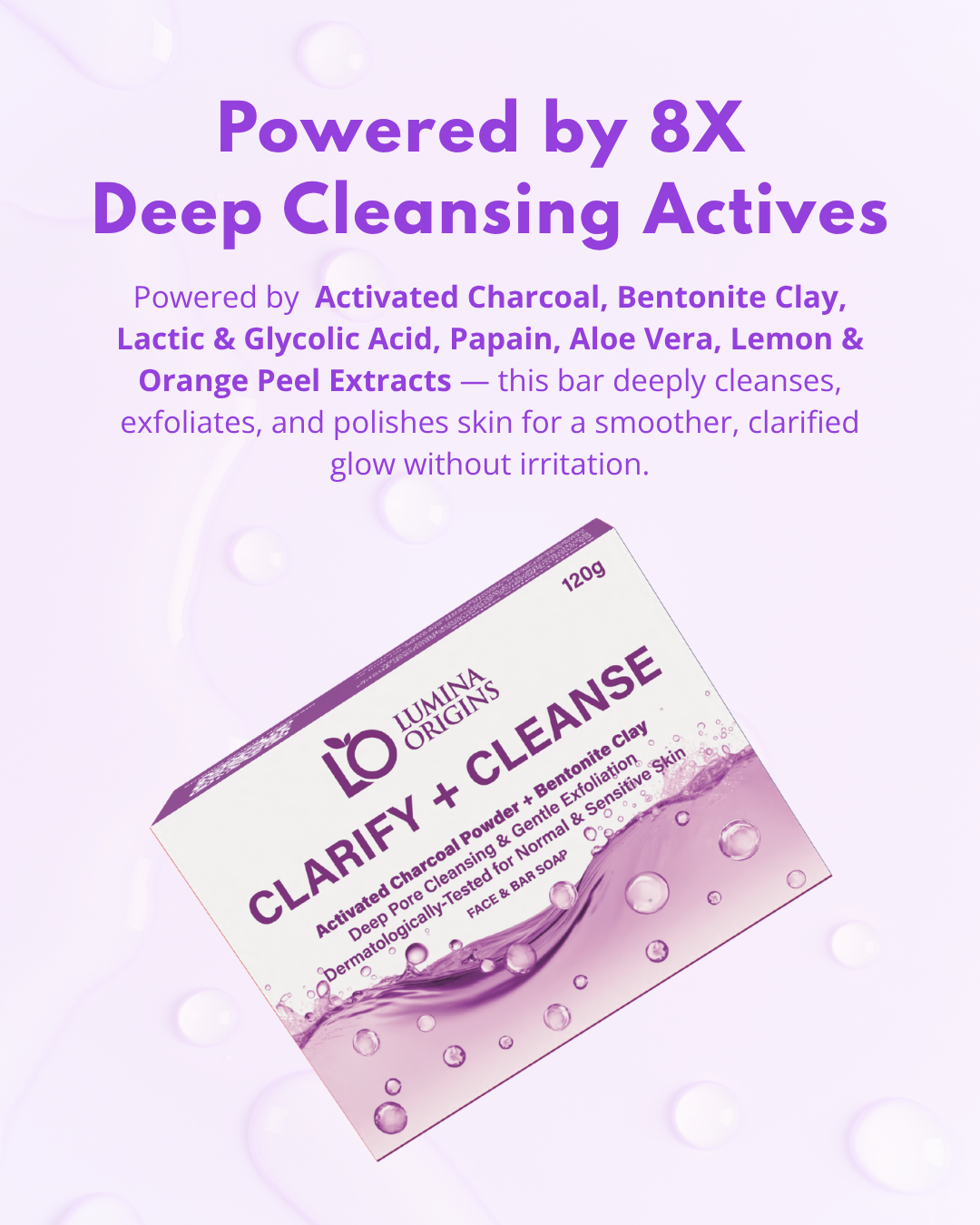 Lumina Origins Clarify + Cleanse Exfoliating Bar Soap with Activated Charcoal – Face & Body 120g