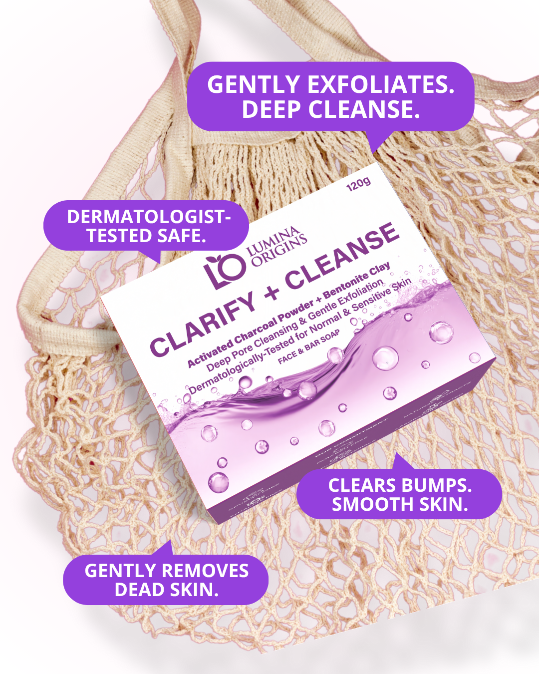 Lumina Origins Clarify + Cleanse Exfoliating Bar Soap with Activated Charcoal – Face & Body 120g